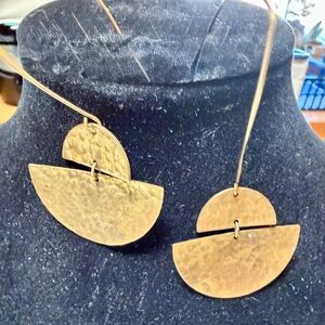 Gold Hammered Long Drop Earrings